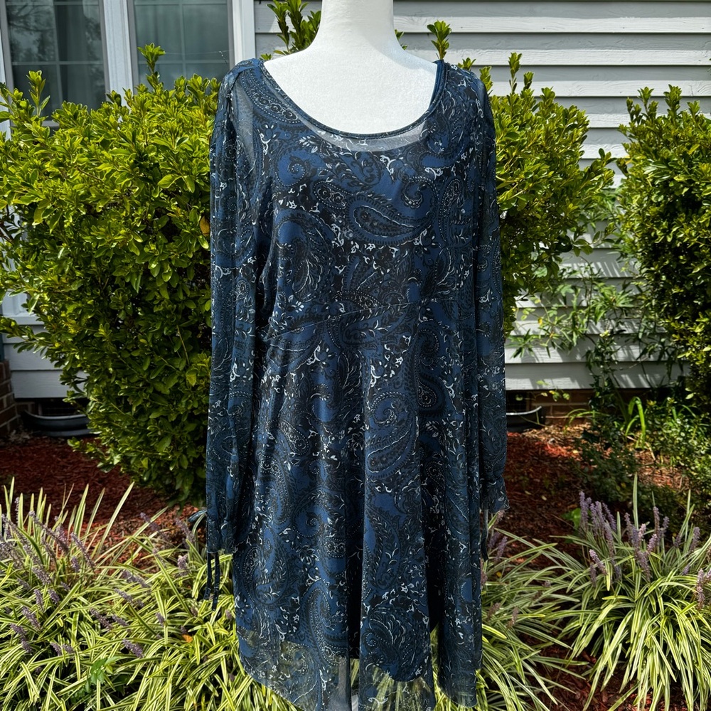Style & Co Dress XXL Navy Blue Paisley Sheer Dress Fully Lined With Tank Slip
